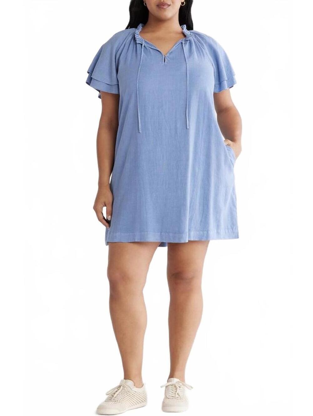 Treasure & Bond Flutter Sleeve Linen Blend Shift Minidress NWT Blue XL